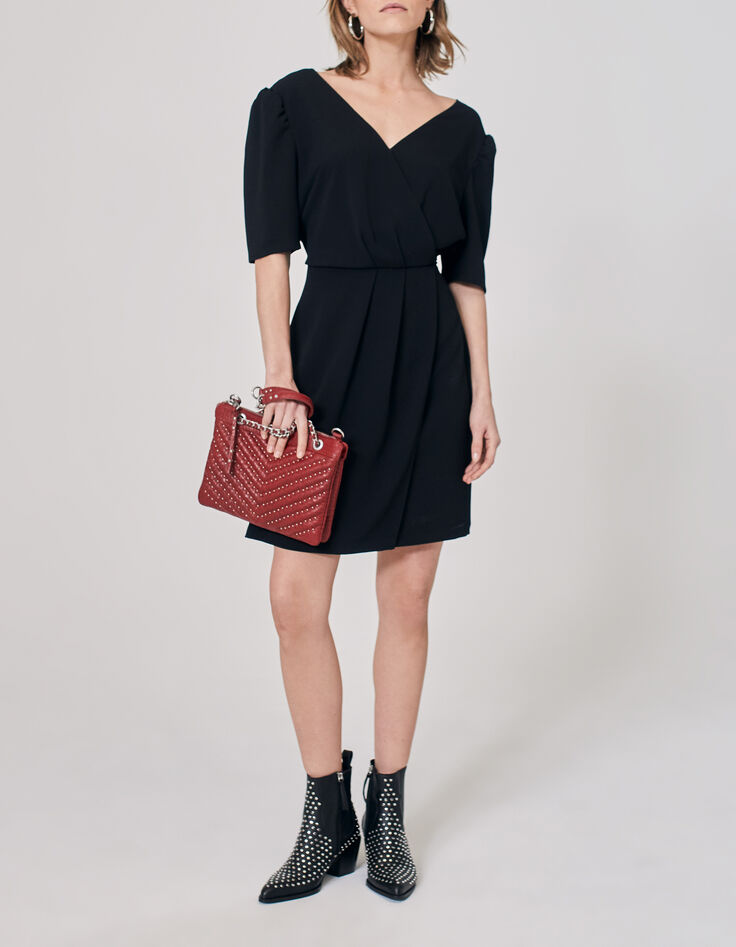 Women’s black short dress with V neckline front and back-6