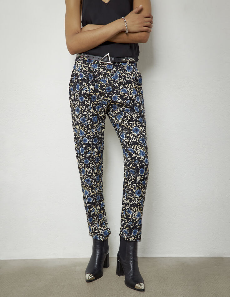 Pantalón recto crepé estampado flores azules mujer-1