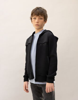 Boy's black two-material patent logo zipped cardigan