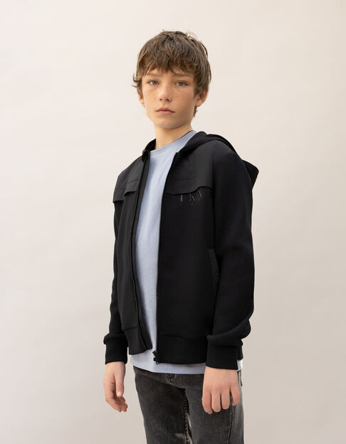 Schwarze Bi-Material-Lack-Logo-Strickjacke, Jungen, Zip - IKKS