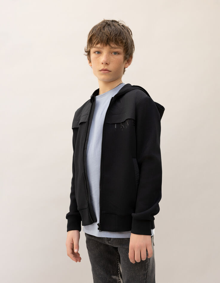 Boy's black two-material patent logo zipped cardigan-1