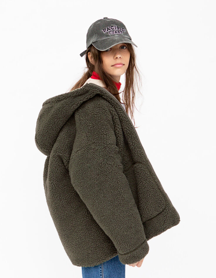 Girls’ khaki Sherpa/quilted reversible padded coat-1