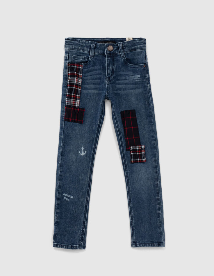 Boys' light blue slim jeans with check badges-1