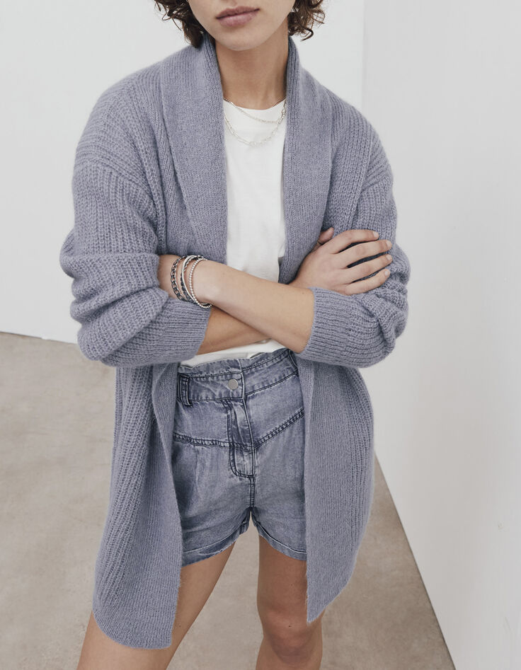Women’s grey marl long fluffy knit cardigan-1