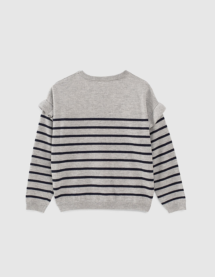 Girls’ grey marl sweater with navy stripes and ruffles-3