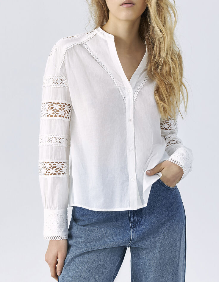 Women’s white organic cotton blouse with lace sleeves-1