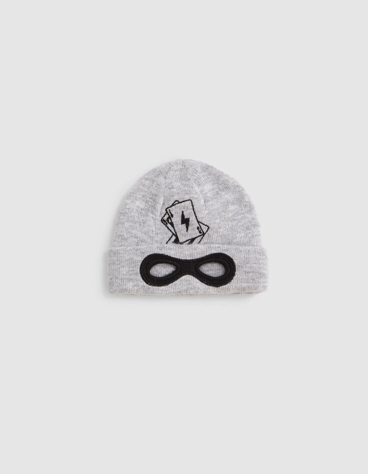 Baby boys’ grey embroidered knit beanie with cut-out mask-1