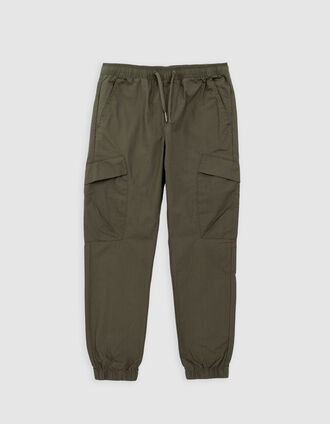 Boys’ khaki cargo trousers with elasticated waist & cuffs