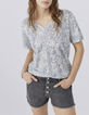 Jeansblauw T-shirt in linnen tricot bandanaprint Dames-2