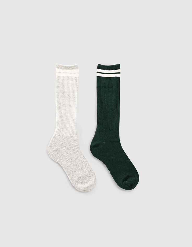 Boys’ mid-grey marl and green knee-length socks -3