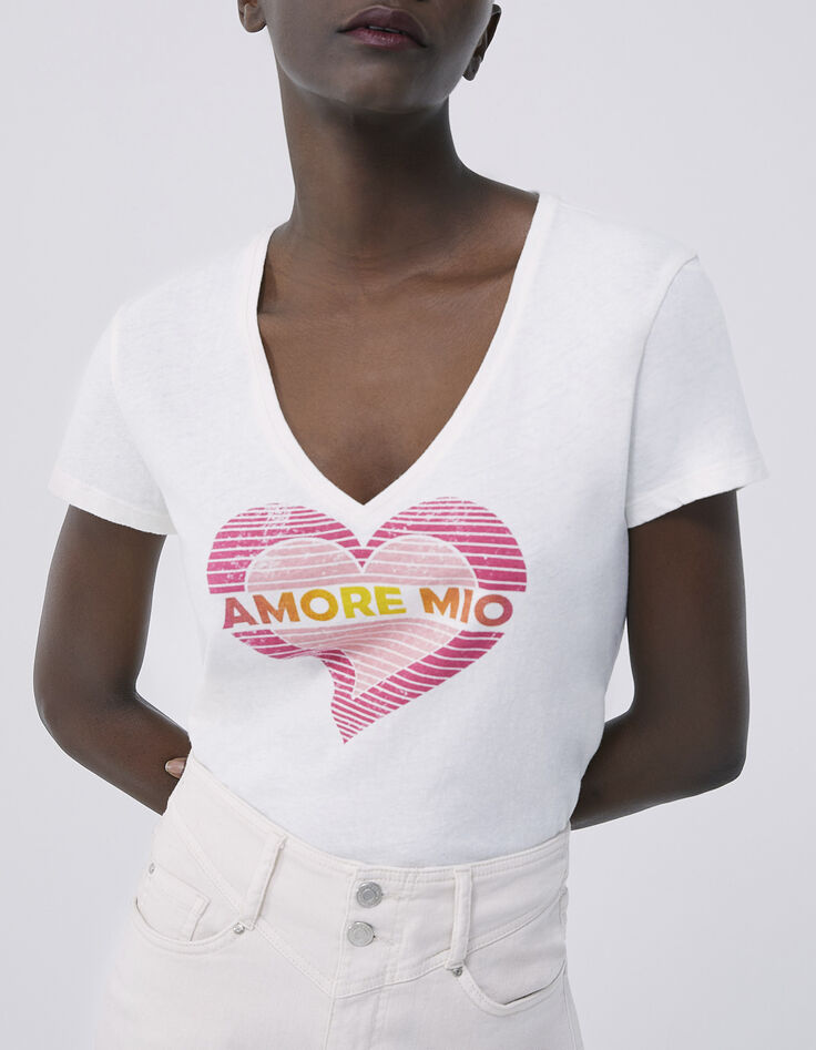 Camiseta blanco roto corazón y mensaje mujer-1