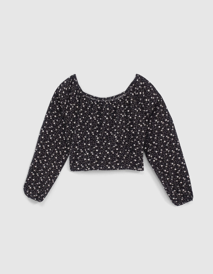 Blouse noire cropped à imprimé floral fille-1