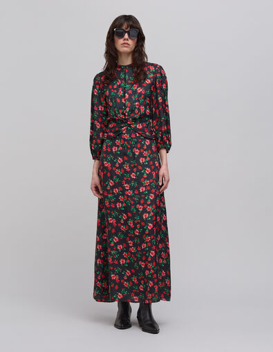 Maxi vestido negro estampado pixelado de flores para mujer - IKKS