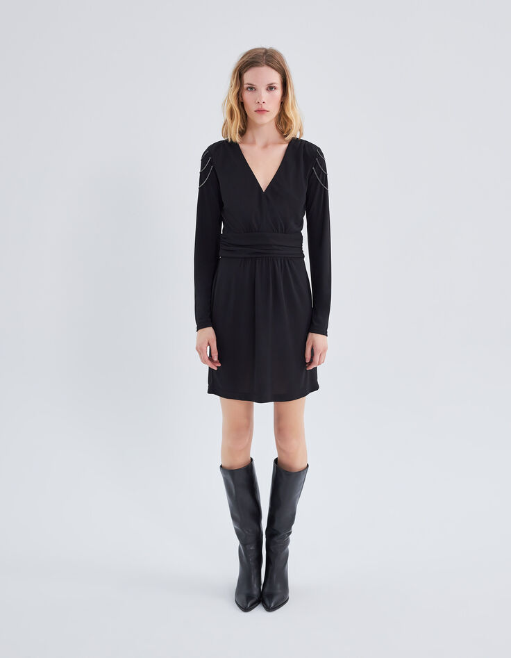 Women's short black belted V-neck dress-7