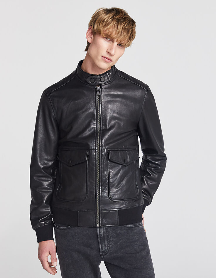 Men’s black biker-style double-pocket leather jacket-2