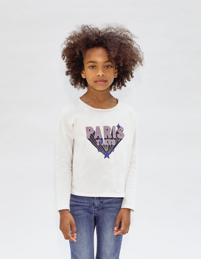 Girl's ecru message t-shirt with glitter stars - IKKS