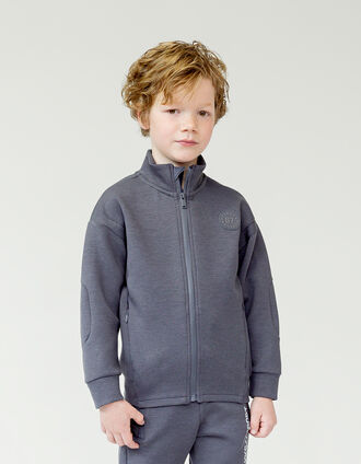 Boy's grey mixed-fabric cardigan with nylon quilted back