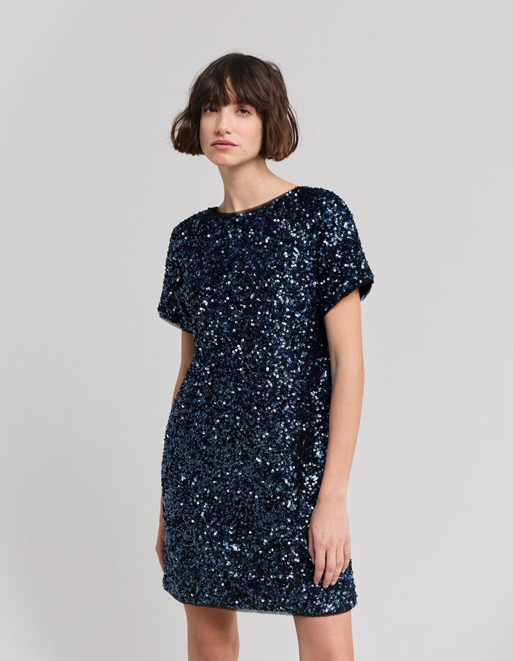 Robe bleue brodée sequins réversible Femme-4