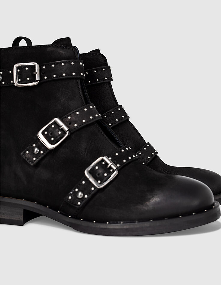Girls’ black buckle and studs leather combat boots-5